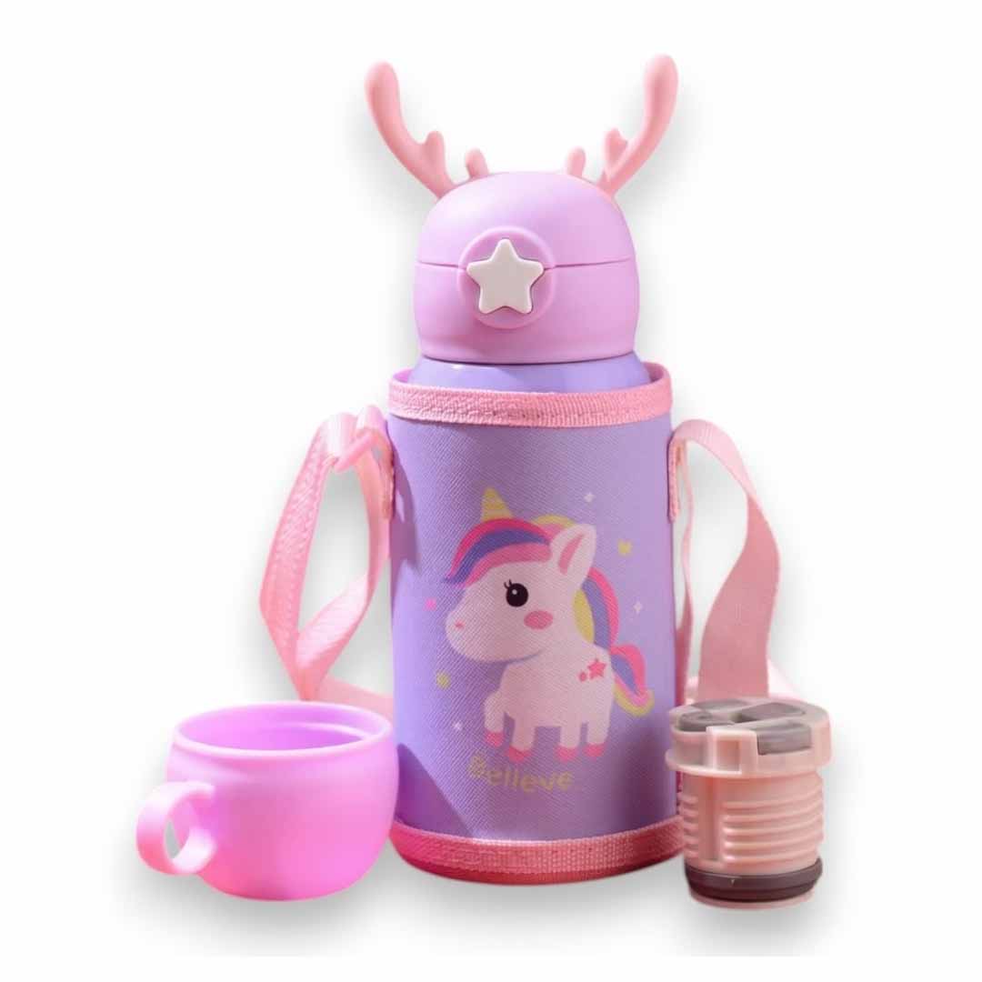 Kids Stainless Steel Insulated Water Bottle 500ML with Cup & Straw – Leakproof Thermos Bottle with Carry Strap for School (Unicorn / Bunny / Deer Design)