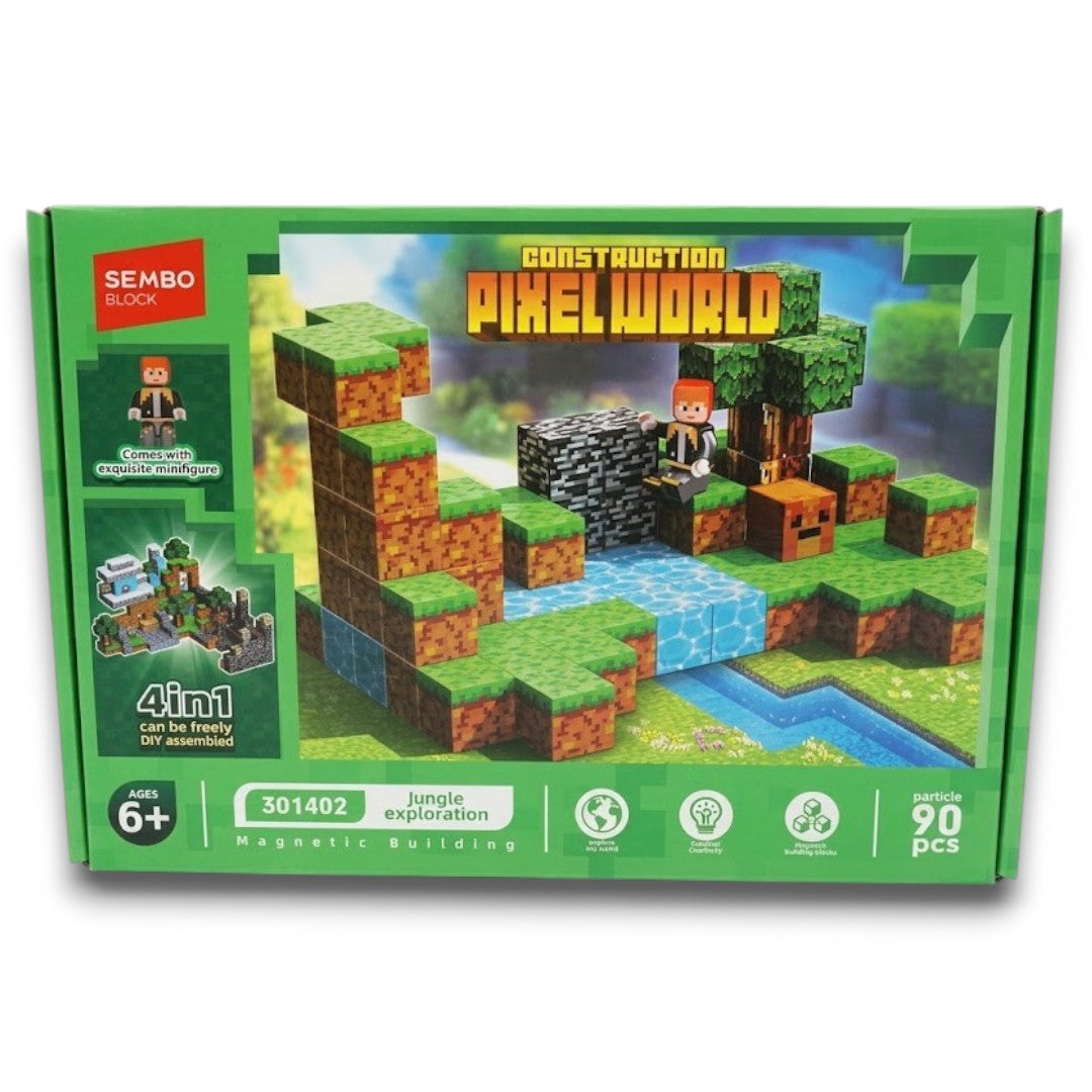 Construction Pixelworld Building Block Set – 4-in-1 Jungle Exploration Model with Minifigure (90 Pieces, 6+ Years)