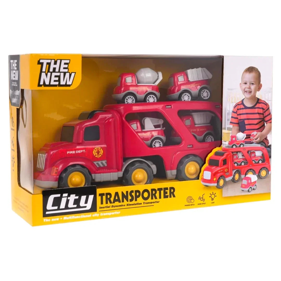 City Transporter Fire Truck Toy with Mini Construction Vehicles – Sound & Light Transport Truck | 6+ Ages