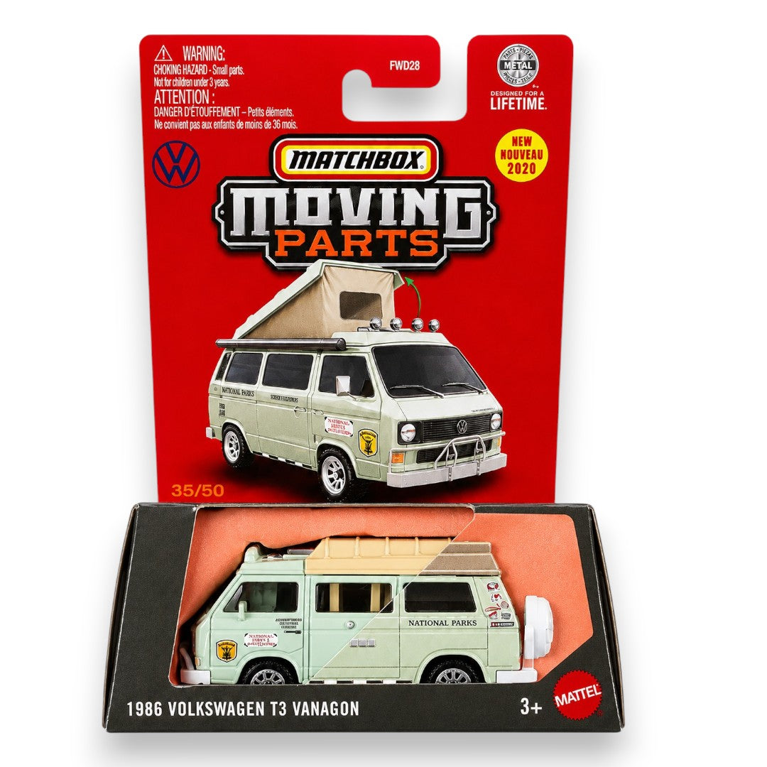 Matchbox Moving Parts 1986 Volkswagen T3 Vanagon Die-Cast Model Camper Van with Pop-Up Roof | Premium Collectible Vehicle | 1:64 Scale