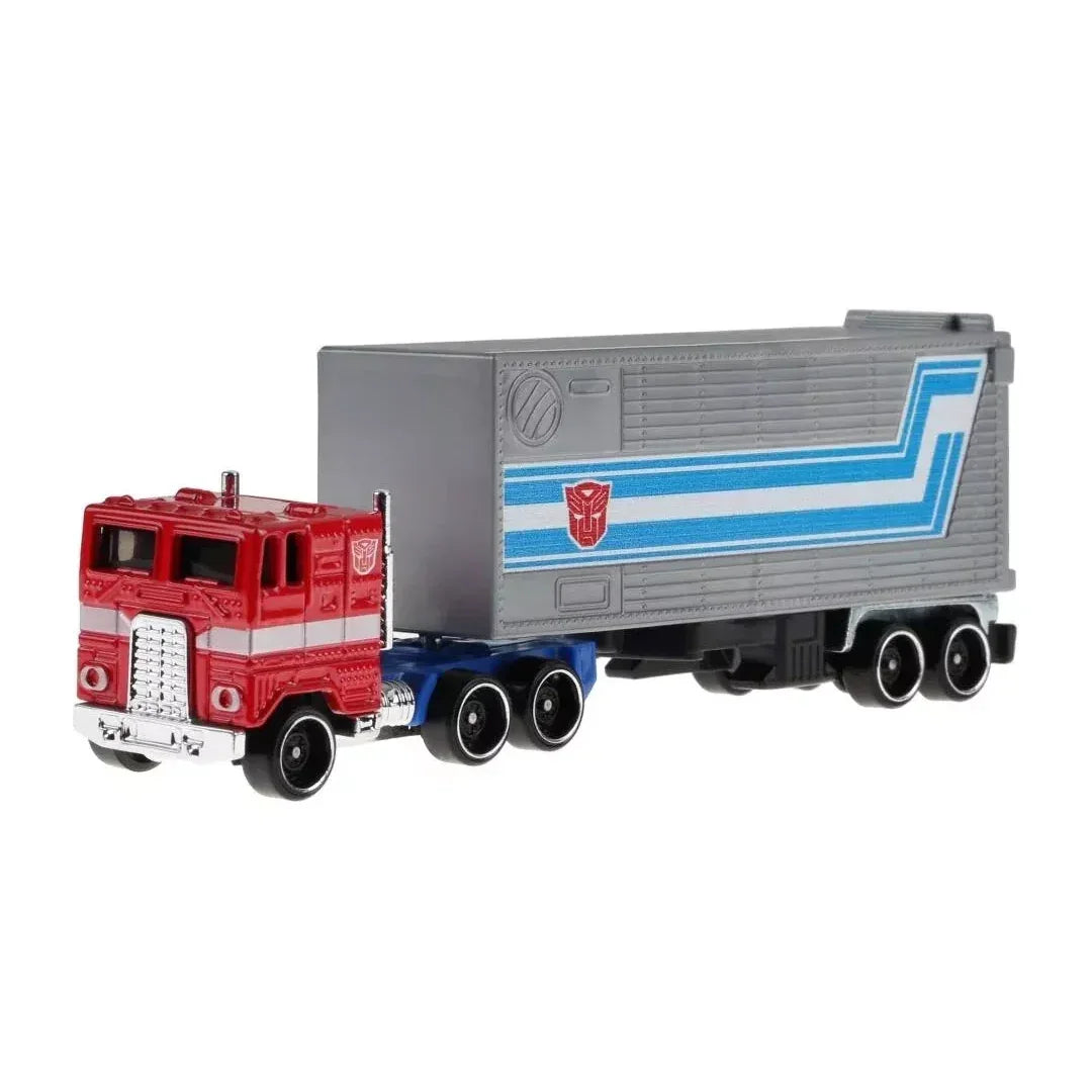 Red and gray toy truck with blue stripes, collectible action figure vehicle