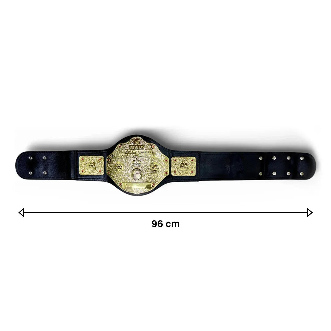 Gold wrestling championship toy belt on black strap, 96 cm wide, for kids and collectors.
