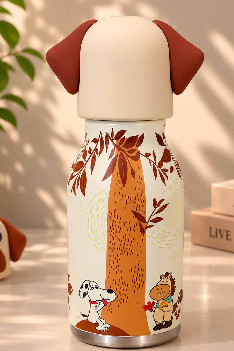 AFRESH 365 Animal Head Collection Puppy Stainless Steel Vacuum Insulated Water Bottle 450ml (16oz) with Straw, Cleaning Brush & Carry Strap
