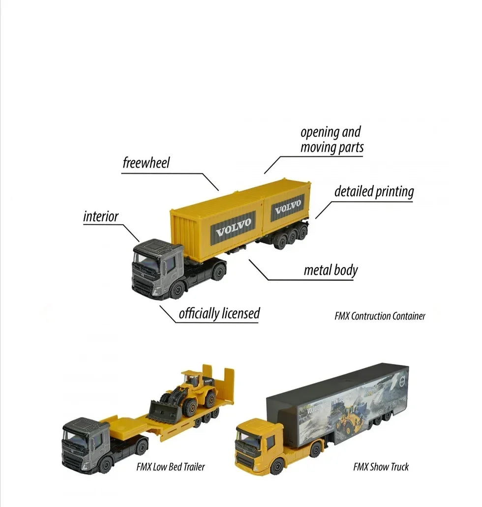 Majorette Construction Volvo Transporter Truck – FMX Low Bed Trailer Diecast Pack of 1 - Jaiman Toys