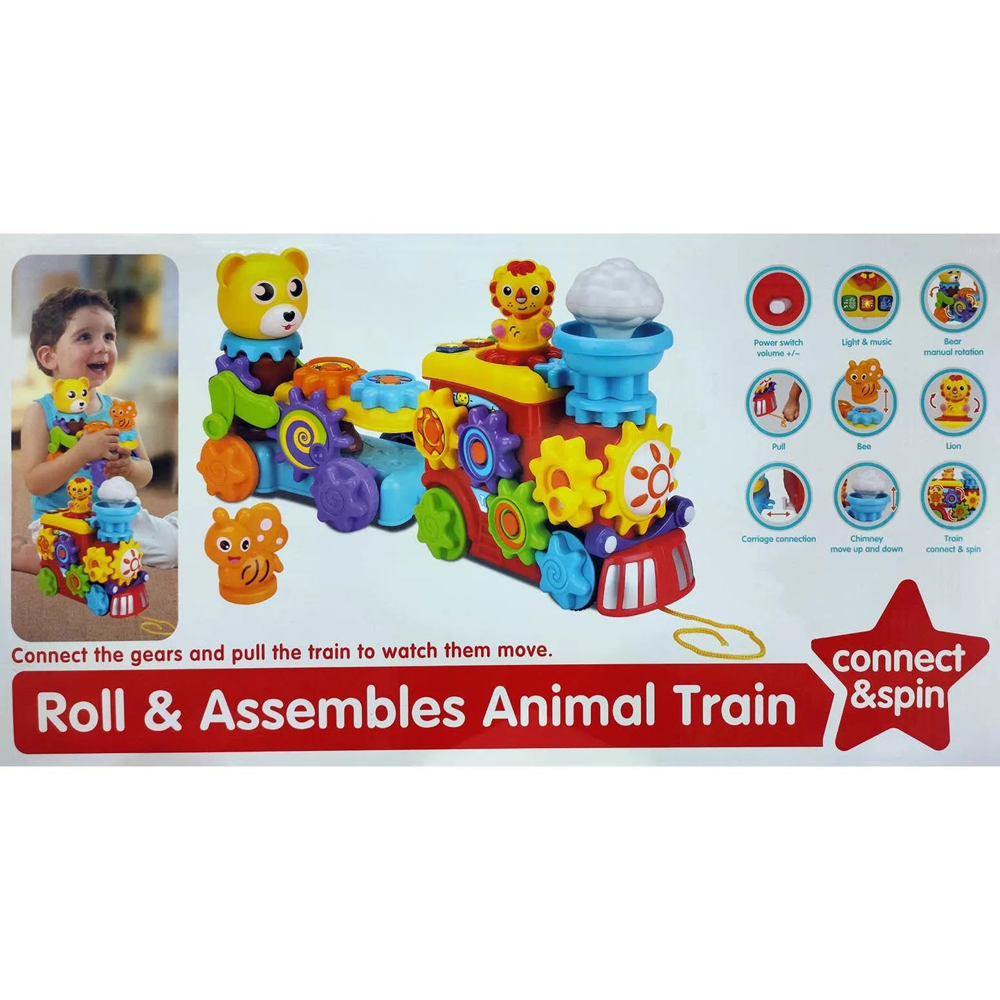 Five Star Roll & Assemble Animal Train Toy – Gear Connection Train with Light, Music & Spinning Animal Figures for Toddlers