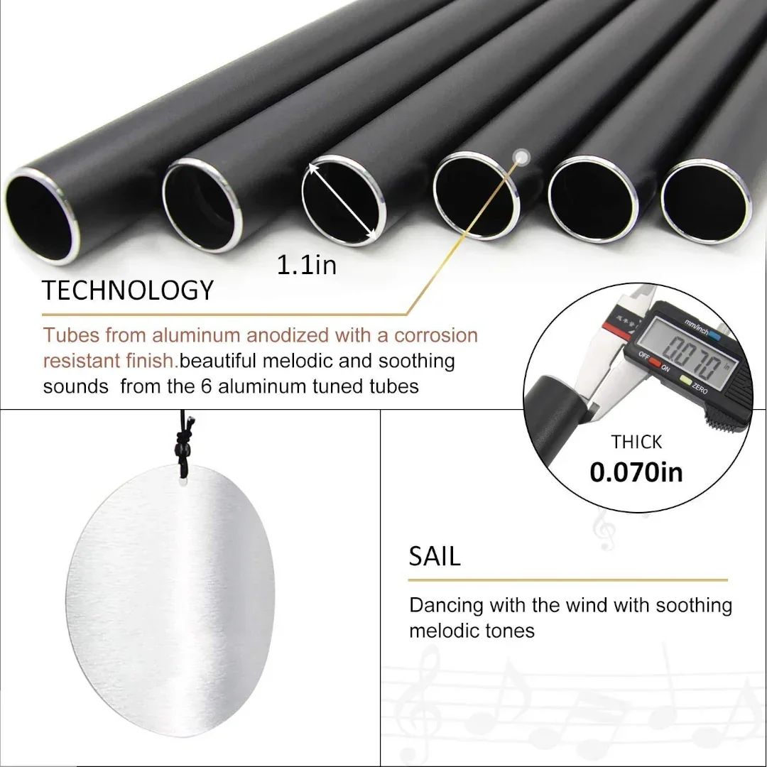 KallaG Aureole Wind Chime 28" – Tuned Aluminum Black 6 Pipes | Premium Home, Balcony & Garden Décor
