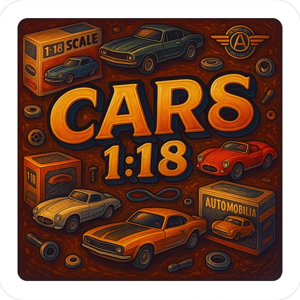 1:18 scale model cars with vintage toy car boxes and automobile parts illustration