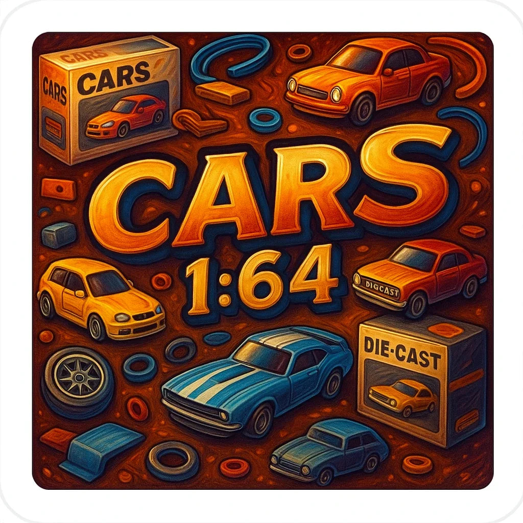 Assorted 1:64 scale die-cast toy cars with boxes and car parts, collectible car display.