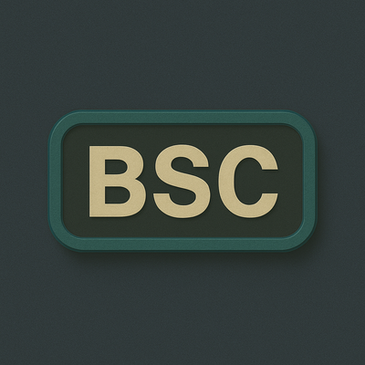 Rectangular dark green badge with large yellow BSC letters on textured background