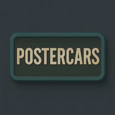 Rectangular badge with gold 'POSTERCARS' text on a dark green background, collectible toy theme.