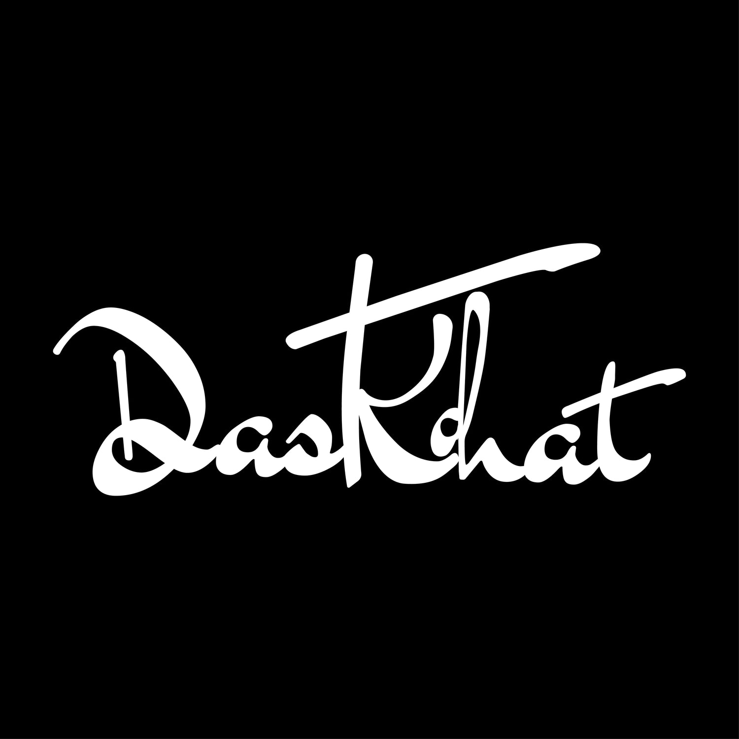 White handwritten DasKhat logo on black background, modern toy brand emblem