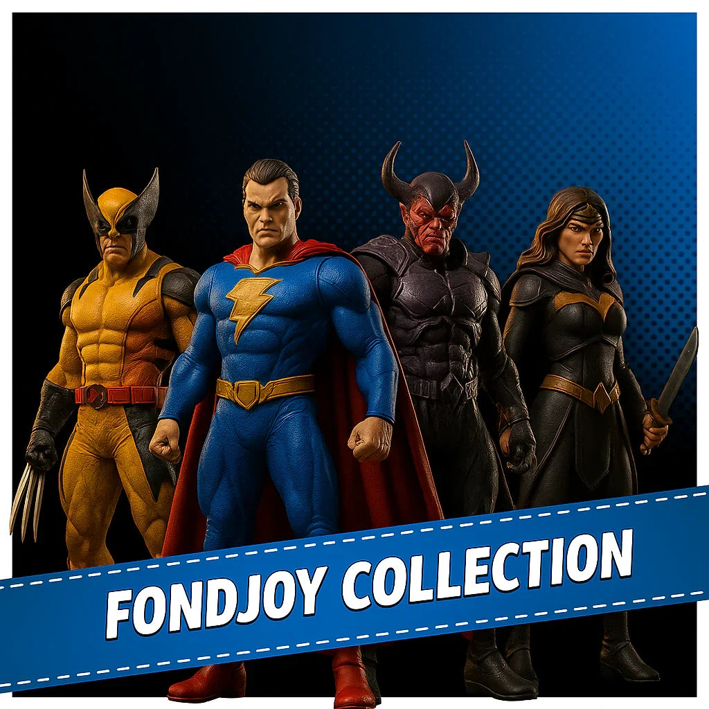 Four detailed action figures of superheroes and villains on a blue background, Fondjoy Collection.