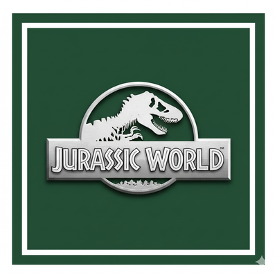 Jurassic World logo with dinosaur skeleton in silver on a green background