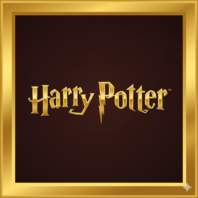 Golden Harry Potter logo on a dark brown background with a gold border