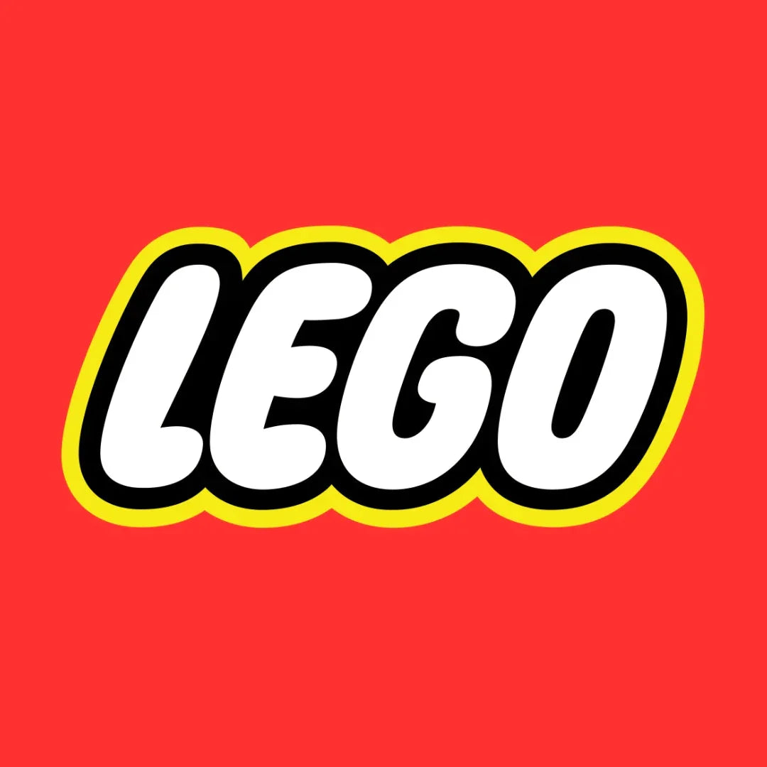 LEGO logo with bold white text outlined in yellow and black on a red background