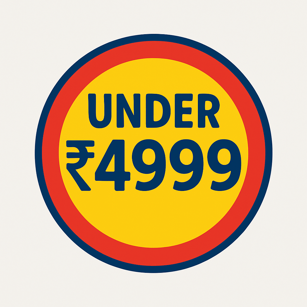 Yellow and red circular badge with text 'Under ₹4999', indicating discounted toy prices.