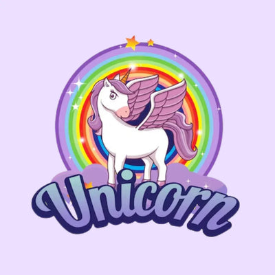 Cartoon unicorn with wings, purple mane, and rainbow background, text 'Unicorn' below