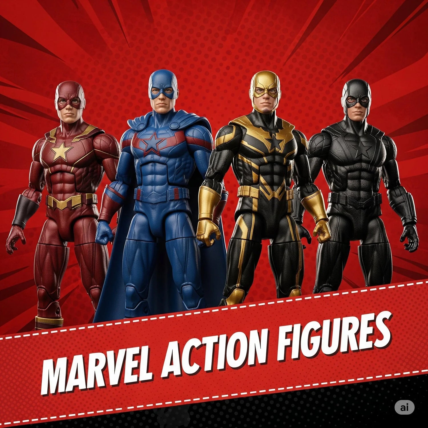 Four Marvel action figures in colorful superhero costumes on a red comic background.