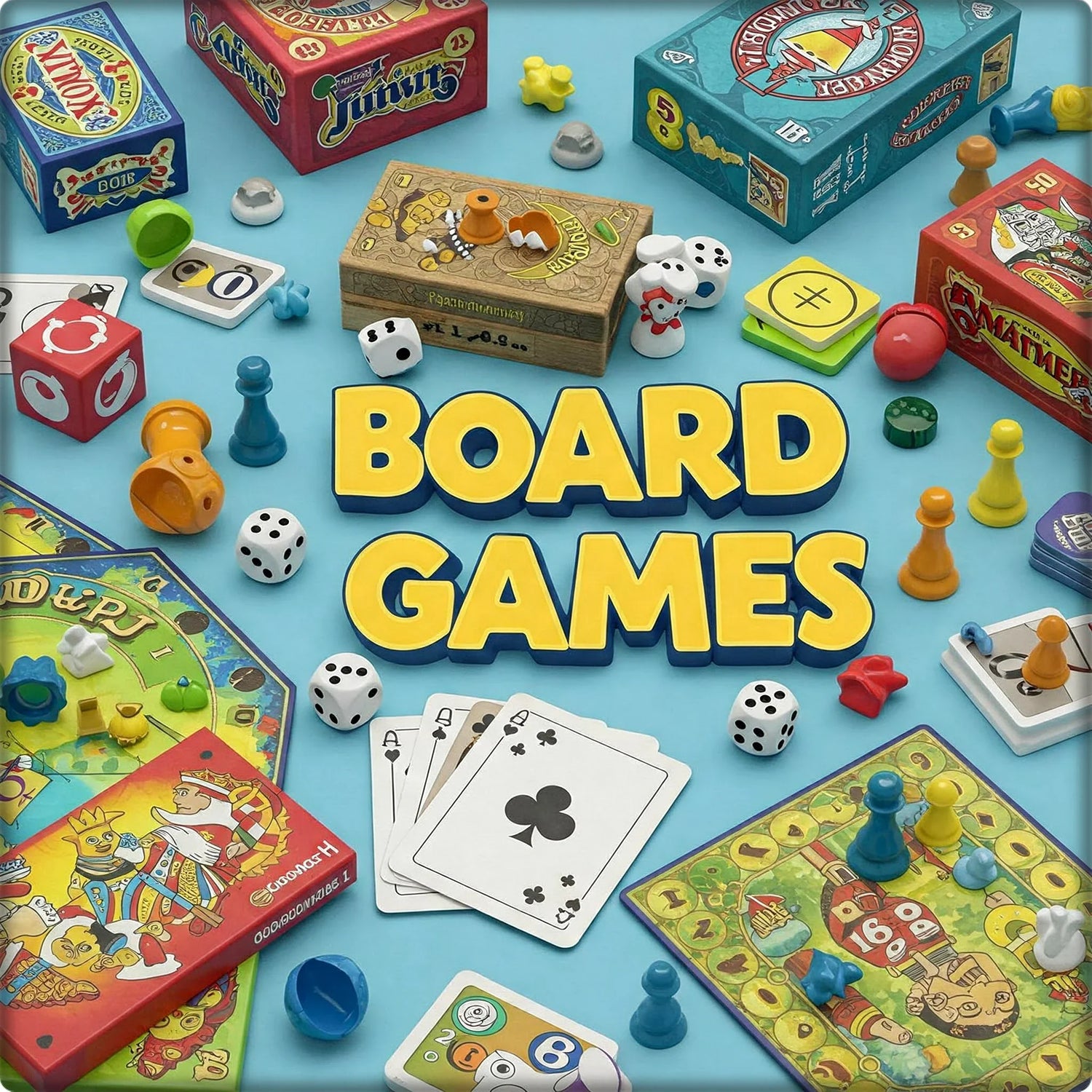 Assorted board games, game pieces, cards, and dice on a blue background with BOARD GAMES text.