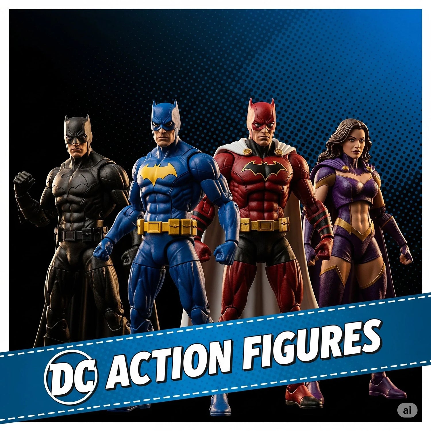 DC superhero action figures lineup, including Batman and Batwoman toys, on blue background.