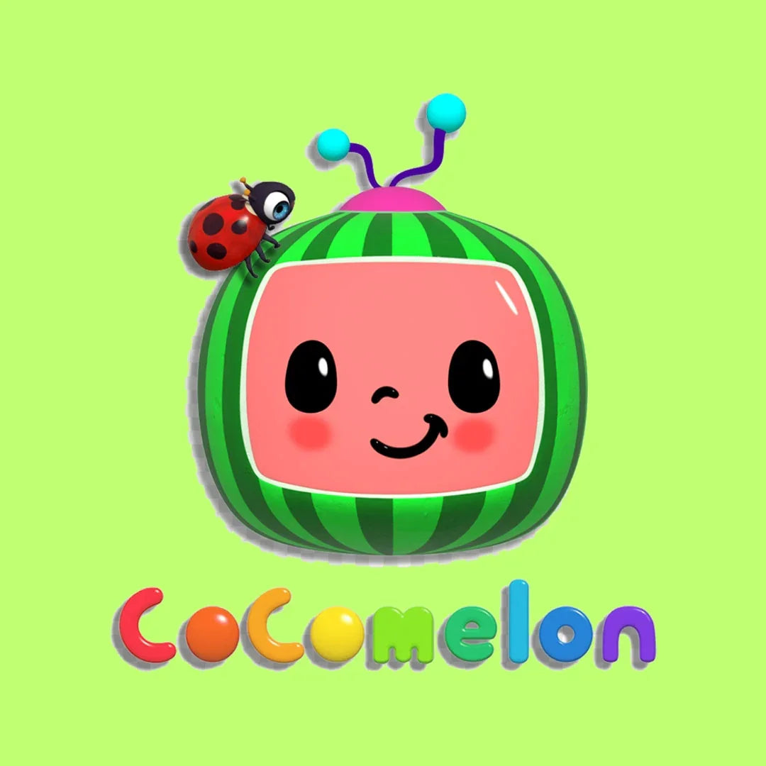 CoComelon cartoon logo with smiling watermelon character and ladybug on light green background