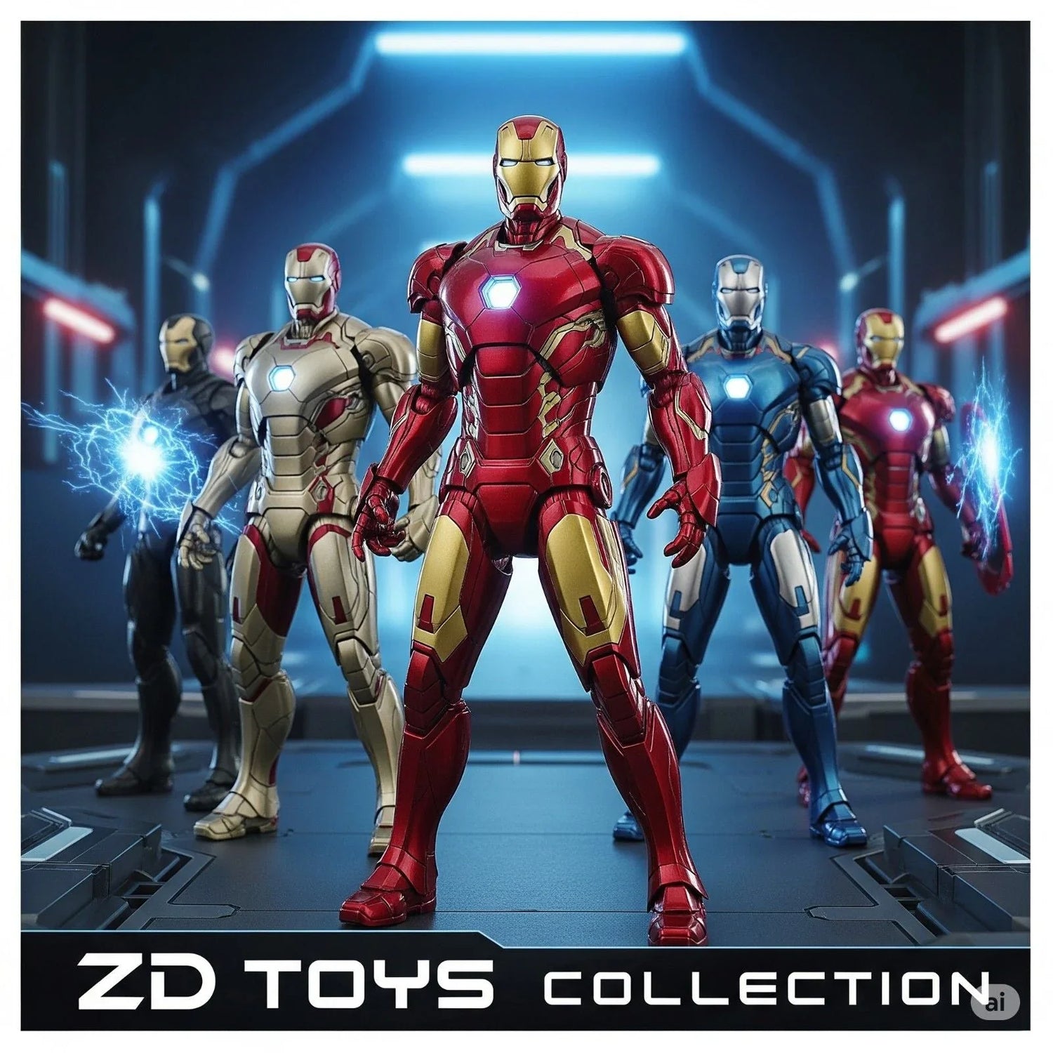 Iron Man action figures in various armor suits displayed with glowing effects, ZD Toys collection