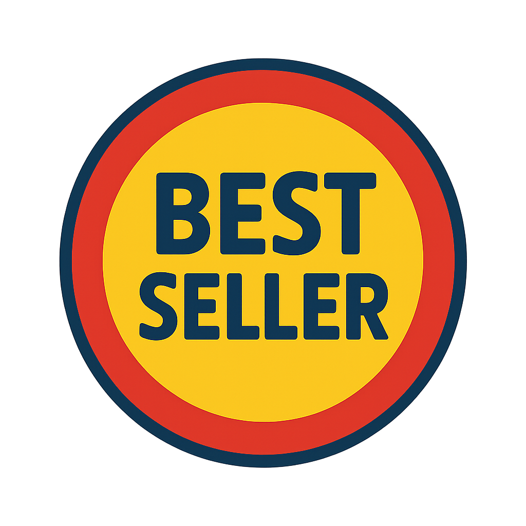 Best seller badge with bold yellow background and red border, ideal for popular toys collection.