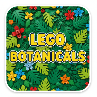 LEGO Botanicals collection logo with colorful LEGO flowers and green leaves background