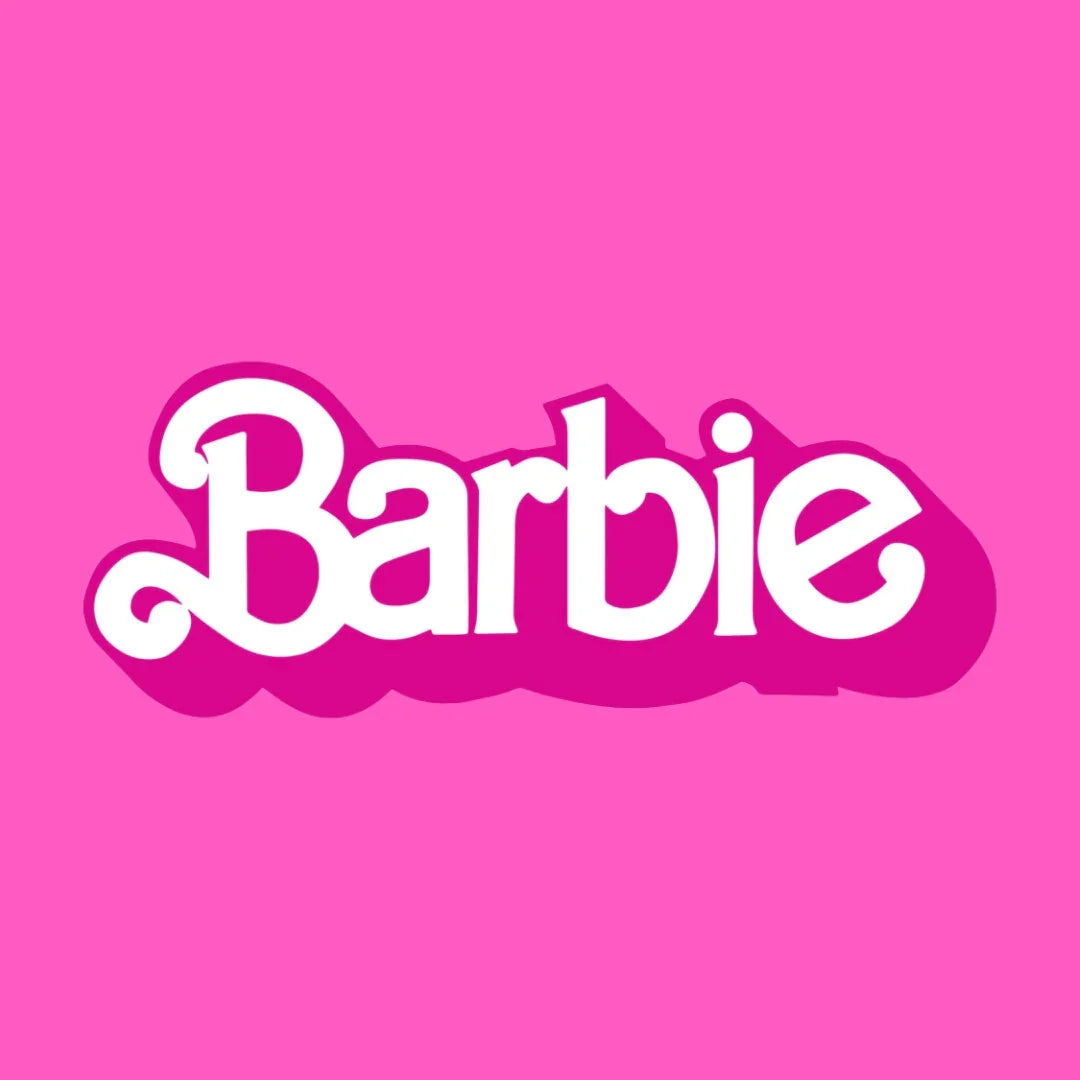 Barbie logo in bold white font on a vibrant pink background, toy brand graphic