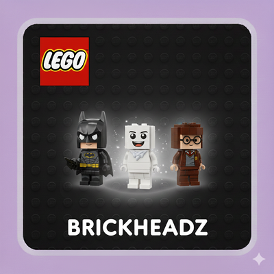 LEGO BrickHeadz figures including Batman, Yeti, and a wizard on black background