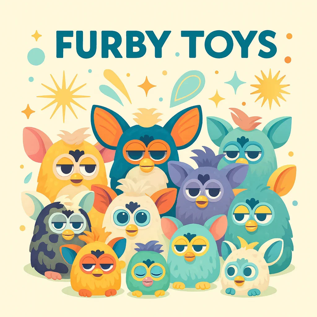 Colorful Furby toys group illustration with large ears and playful background, collectible figures