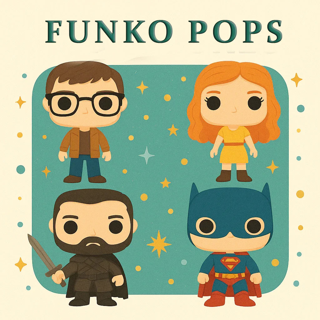 Funko Pop collectible vinyl figures, including superhero and fantasy characters, on a colorful background.