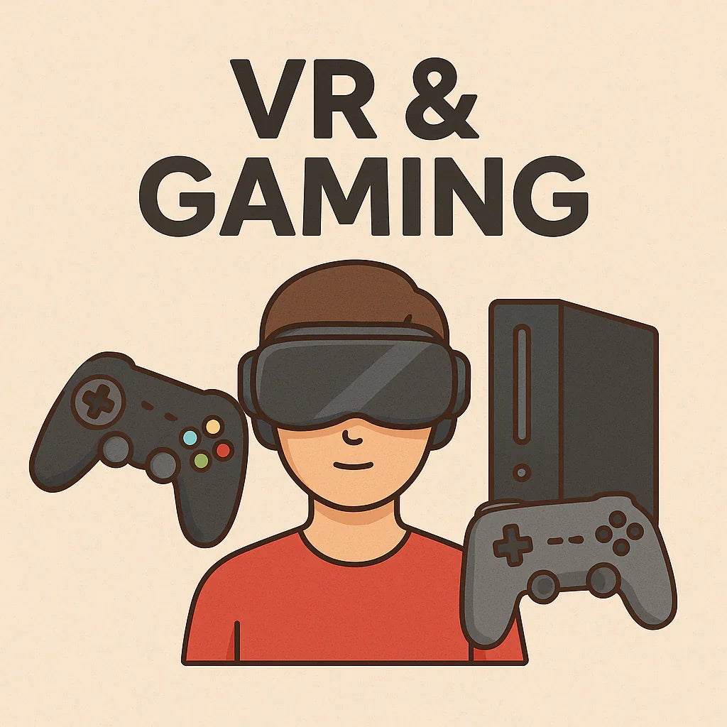 Cartoon of person with VR headset, gaming controllers, and console under VR and gaming text.