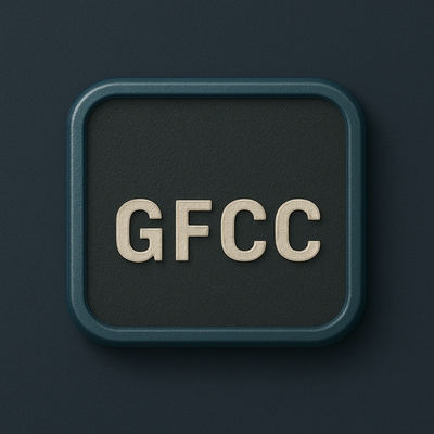 GFCC badge logo with textured lettering on a dark blue square background
