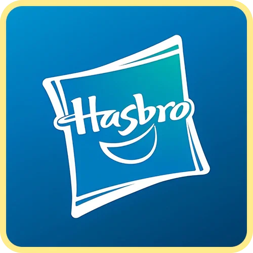 Hasbro logo on blue gradient background, toy brand emblem, white outlined square