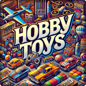 Assorted hobby toys including cars, airplane, drone, action figures, and colorful blocks.
