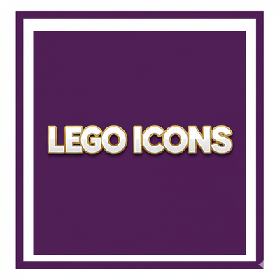LEGO Icons logo with gold and white text on a purple square background, toy collection category