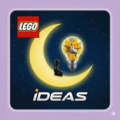 LEGO Ideas logo with minifigure on crescent moon and light bulb made of bricks