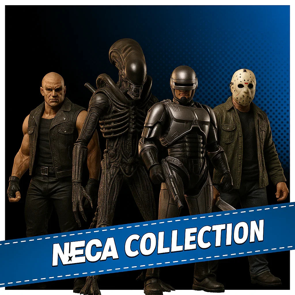 NECA action figures collection featuring detailed movie character toys on blue background