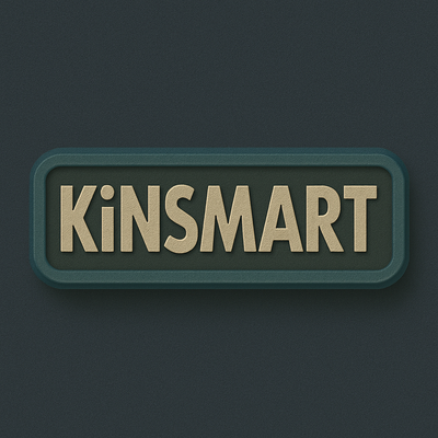 Kinsmart logo with bold beige letters on a dark rectangular badge, toy car collectible brand