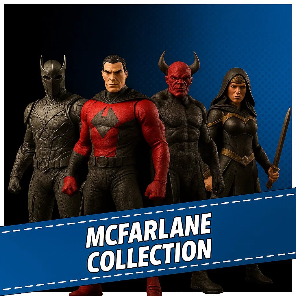 Four detailed McFarlane action figures, including heroes and villains, on a blue background