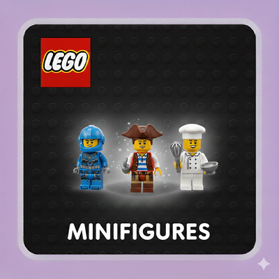 Three LEGO minifigures—astronaut, pirate, and chef—standing on a black background.
