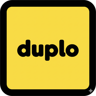 Duplo logo on a yellow background with rounded black border, toy building block branding