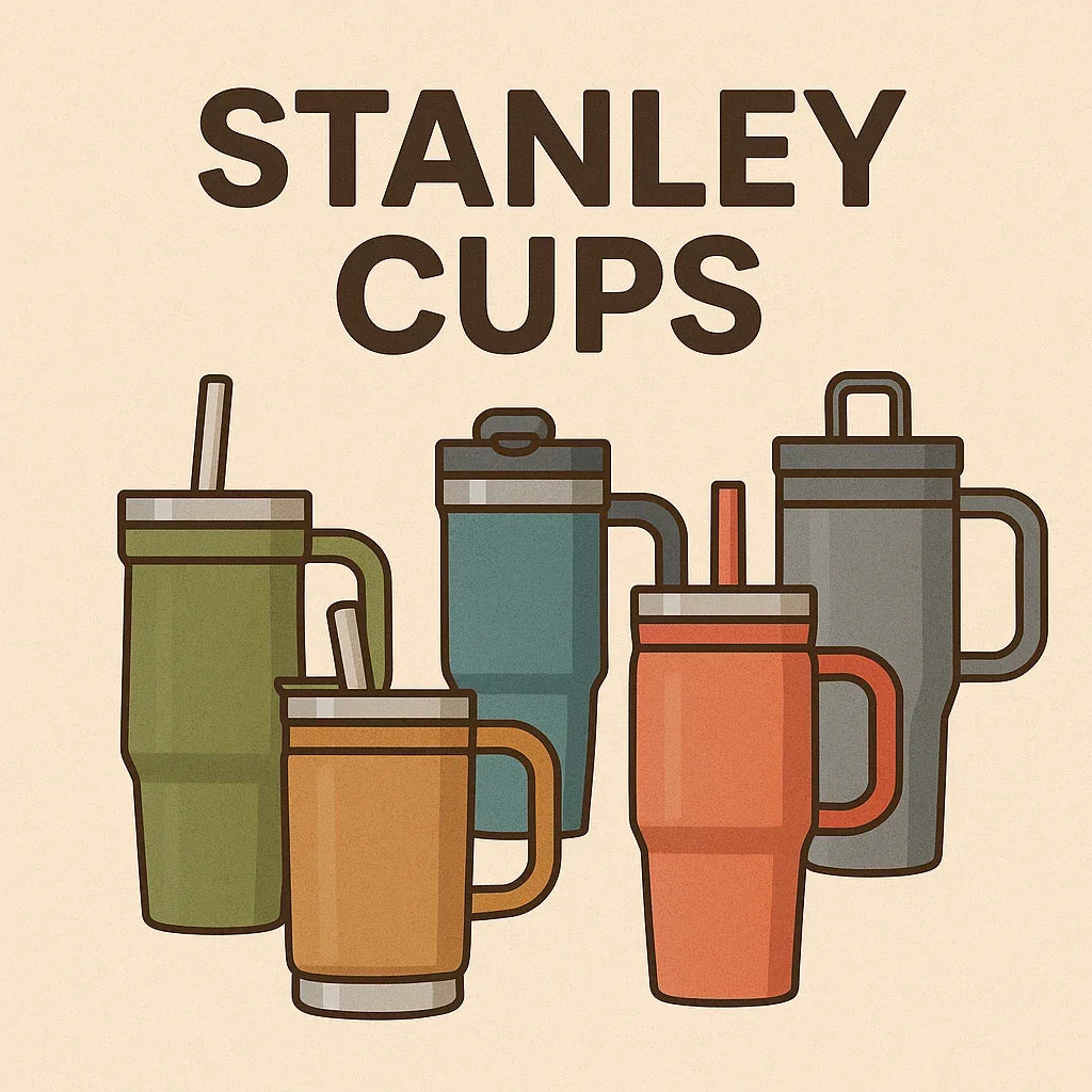 Illustration of five colorful Stanley cups with straws and handles on beige background