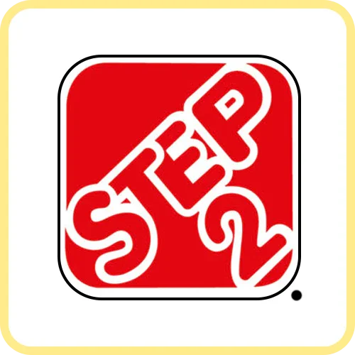 Red Step2 logo with bold white lettering inside a square, toy brand graphic design