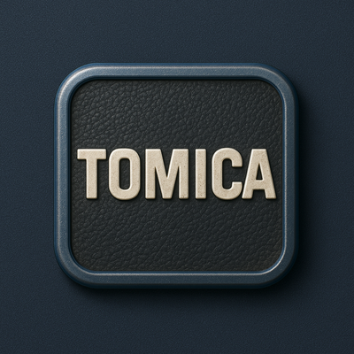 Tomica logo badge with metallic letters on textured black square background