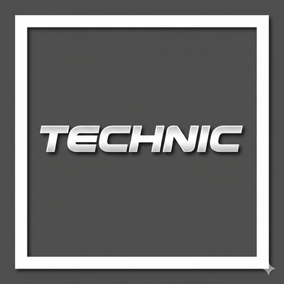 Technic logo in metallic letters on a dark grey background, framed by a white square border.