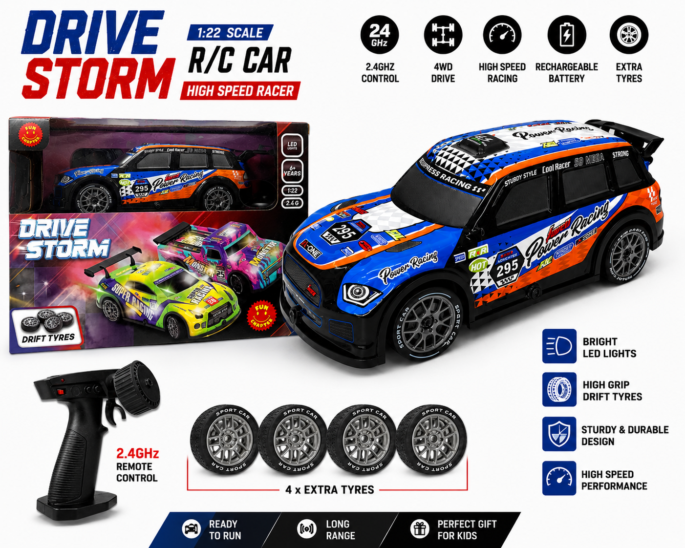 Drive Storm 1:22 Scale RC Drifting Racing Car with 2.4GHz Remote Control, LED Lights & Extra Drift Tyres – High Speed Rechargeable Toy Car for Kids