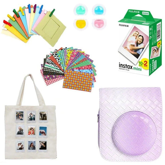 Instax mini camera accessories set with film, tote bag, photo frames, filters, and case.