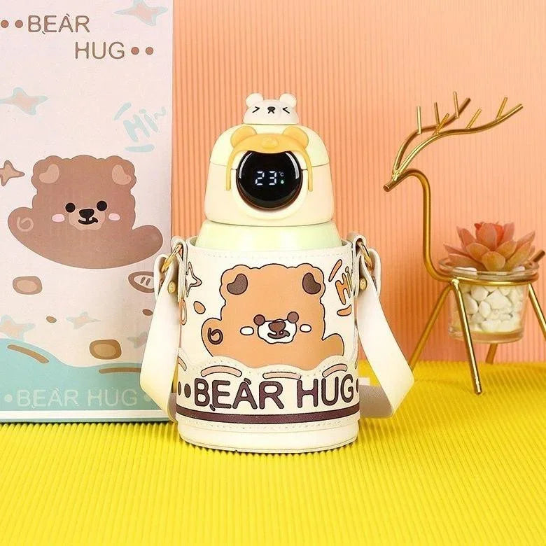 Bear Hug Stainless Steel Digital Water Bottle For Kids with carry bag, additional cup and sipper 500 ML (Cream) - Jaiman Toys